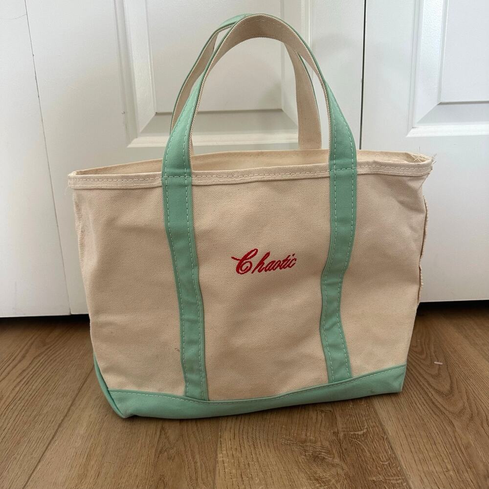 Vintage LL Bean canvas tote teal embroidered chaotic